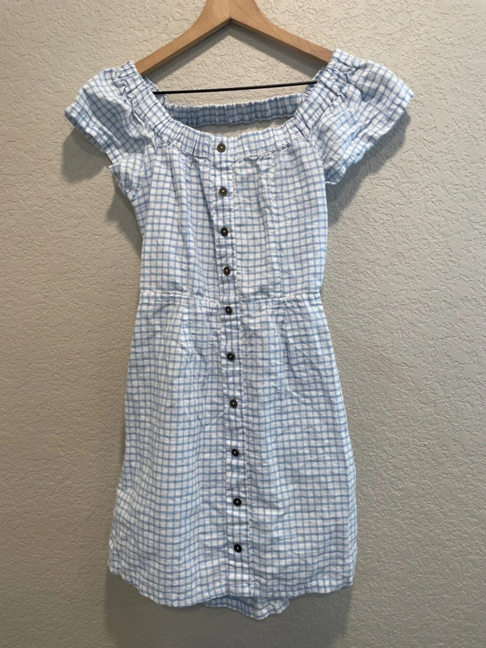 Cleobella Lou Lou Off the Shoulder Pastel Blue Gingham Mini Dress XS - Picture 3 of 8